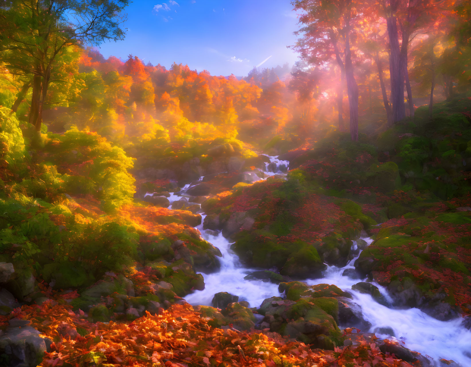 Colorful autumn forest with stream and sunlight