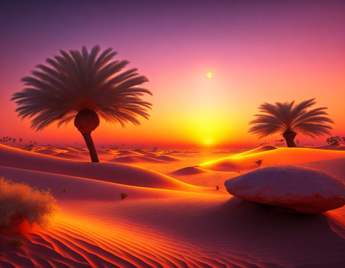 Vibrant Orange and Purple Desert Sunset with Silhouetted Palm Trees