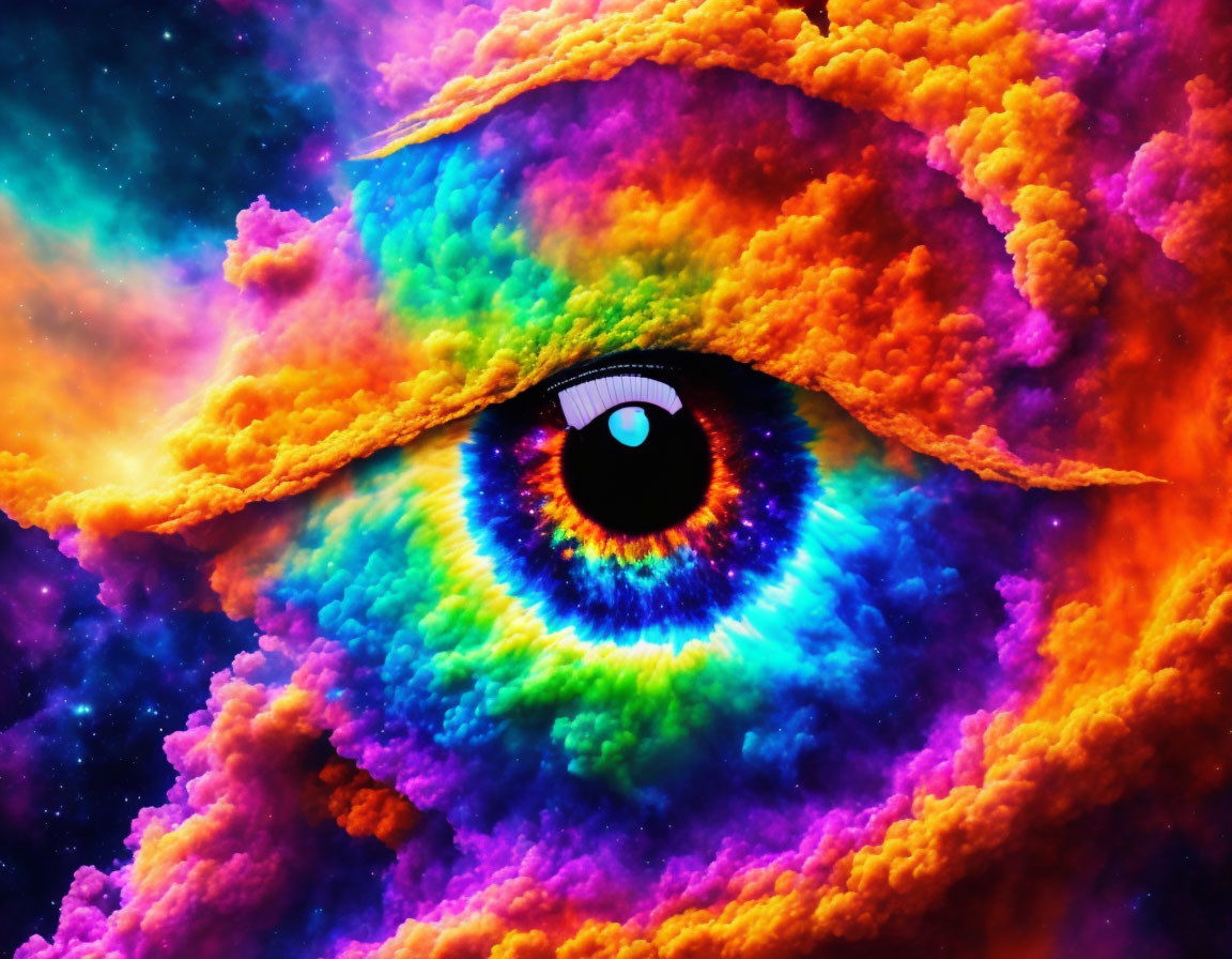 Colorful Human Eye Artwork on Nebula Cloud Background in Purple, Blue, Orange, Yellow