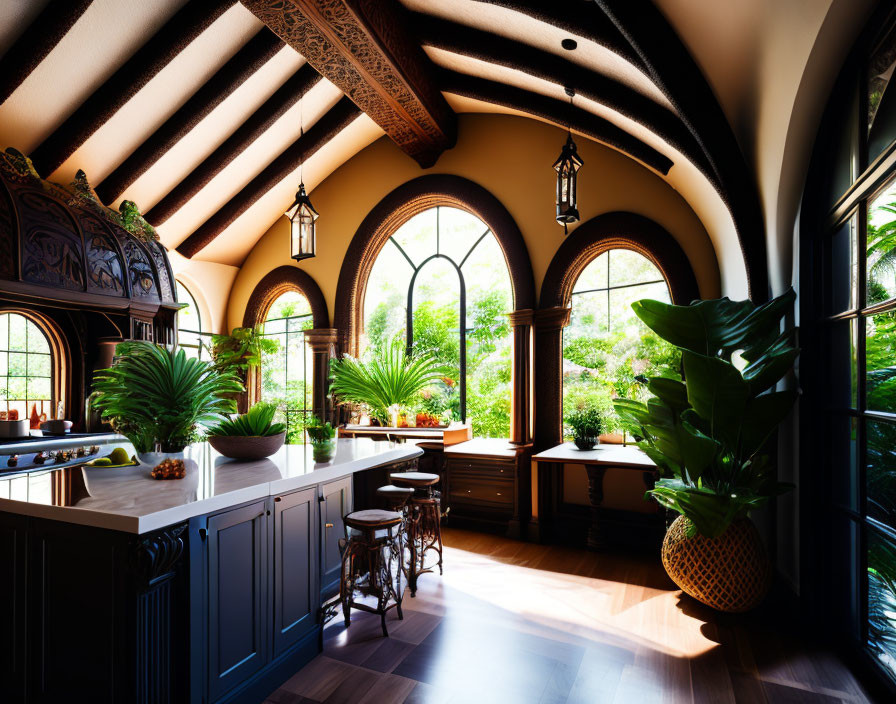 Spacious kitchen with arched windows, dark wood cabinets, hardwood floors, and green plants