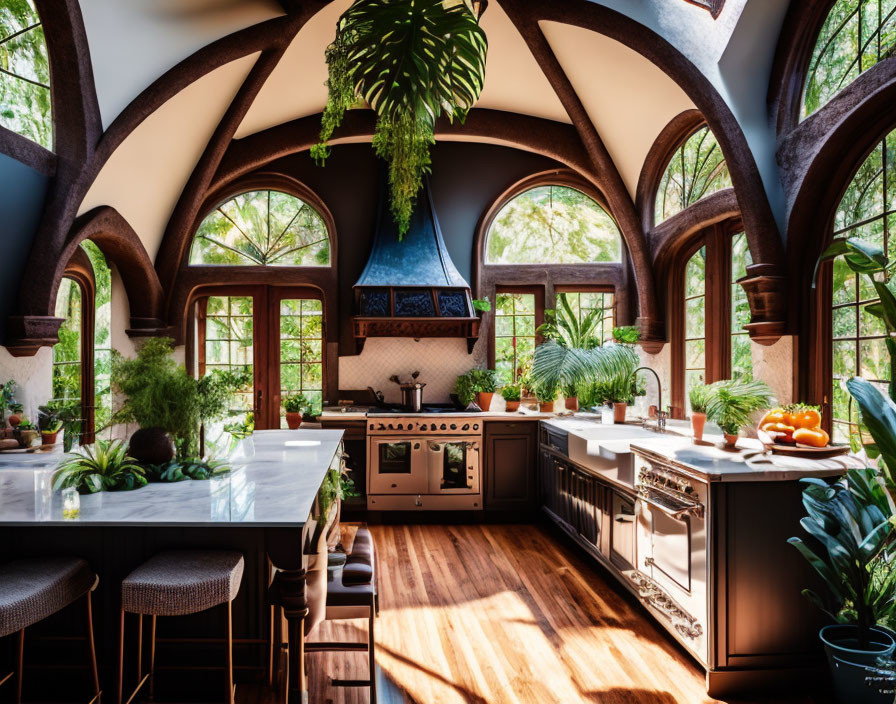 Spacious Kitchen with Arched Windows and Blue Stove Hood