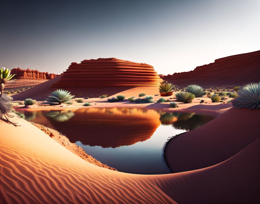 Orange Desert Dunes Mirrored in Water Oasis with Green Plants