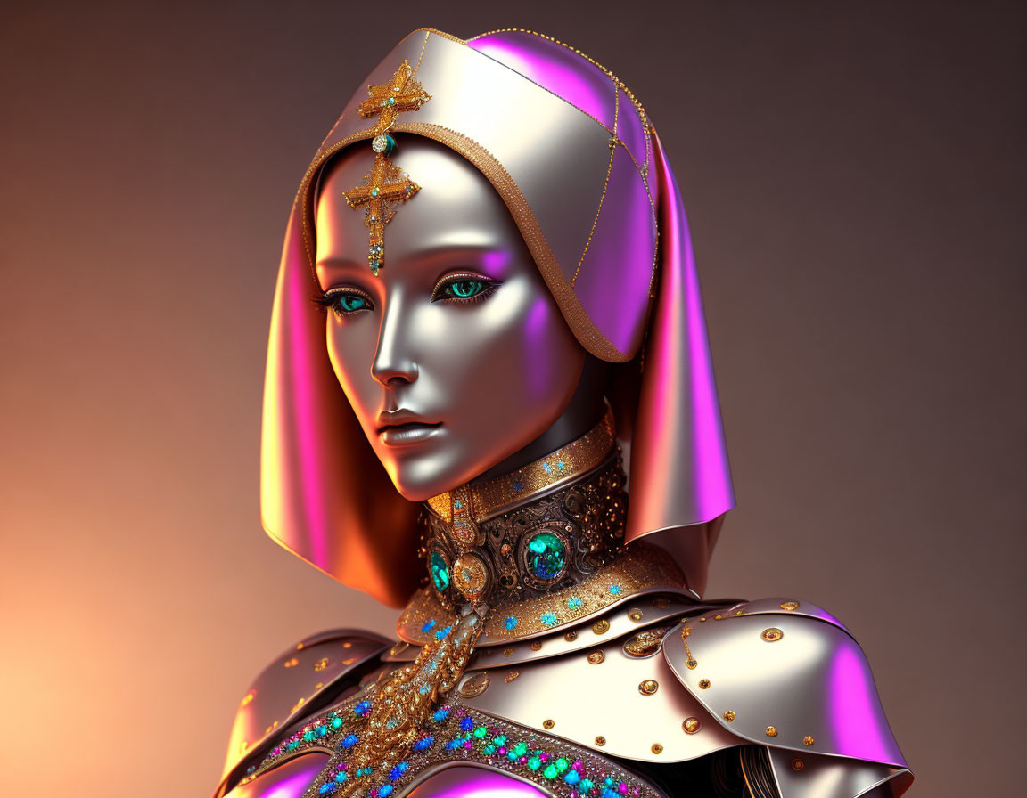 Female humanoid with metallic skin in golden armor and gemstone accents.