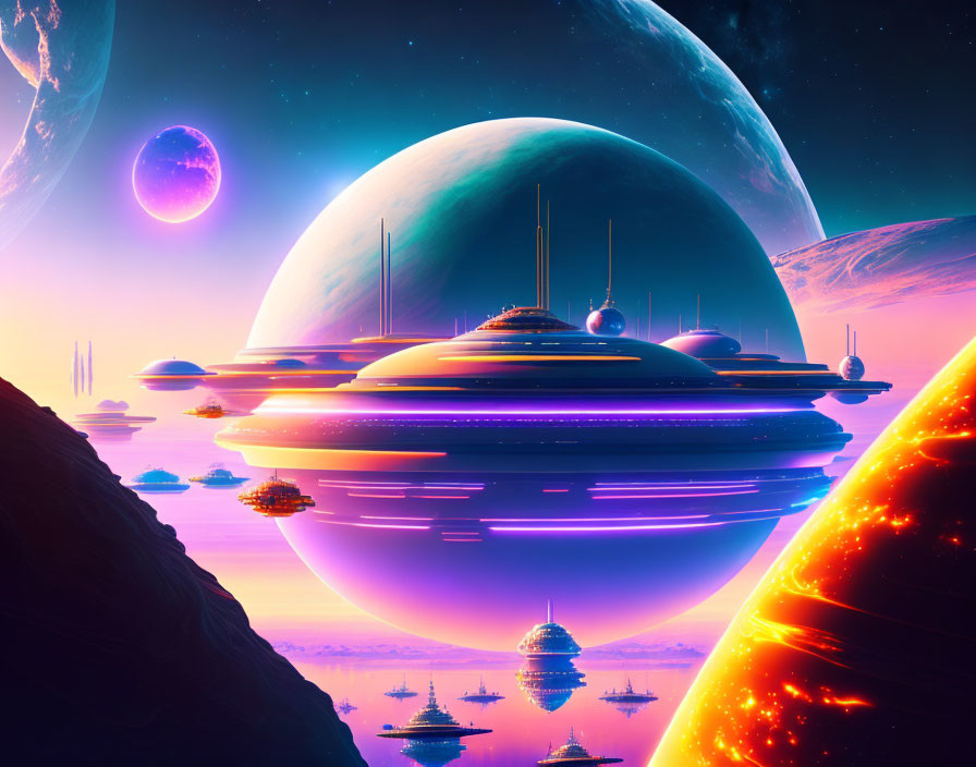 Futuristic sci-fi landscape with floating cities and distant planets