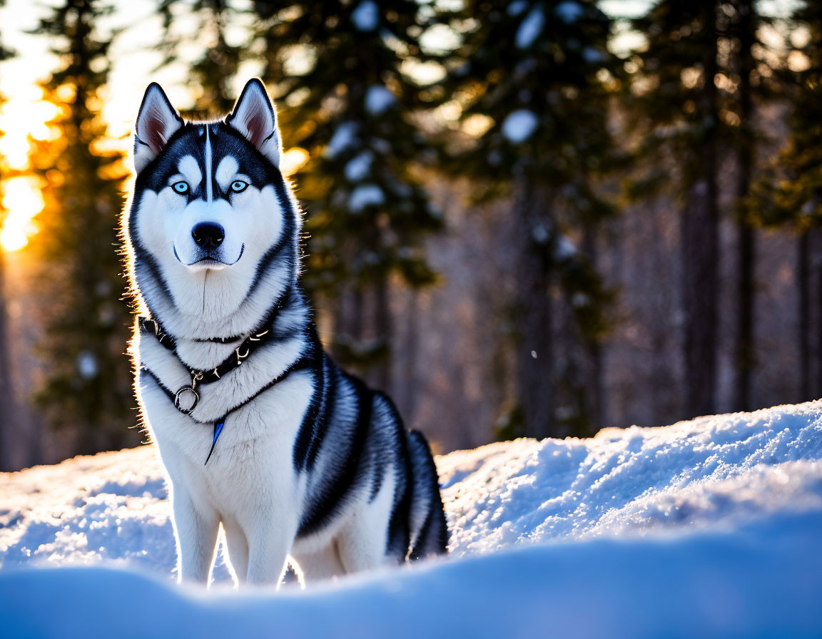 Siberian Husky in Snow at Sunset and Forest