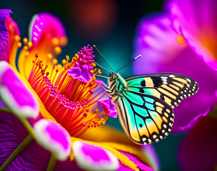 Colorful butterfly on pink and yellow flowers with detailed stamens