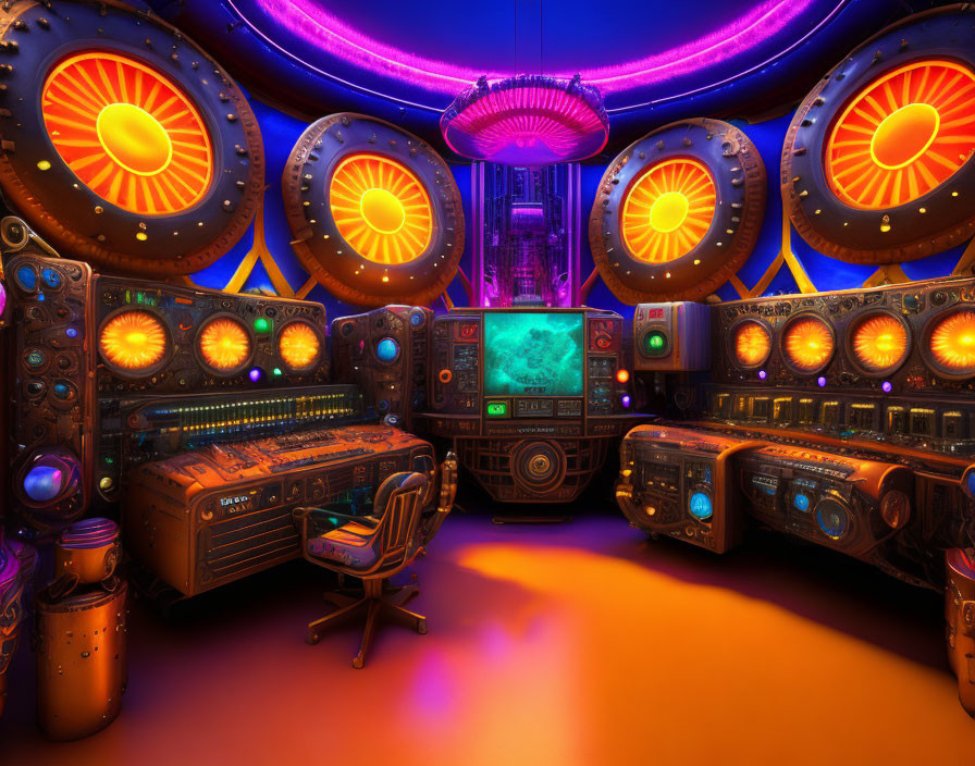 Futuristic control room with glowing orange and blue panels