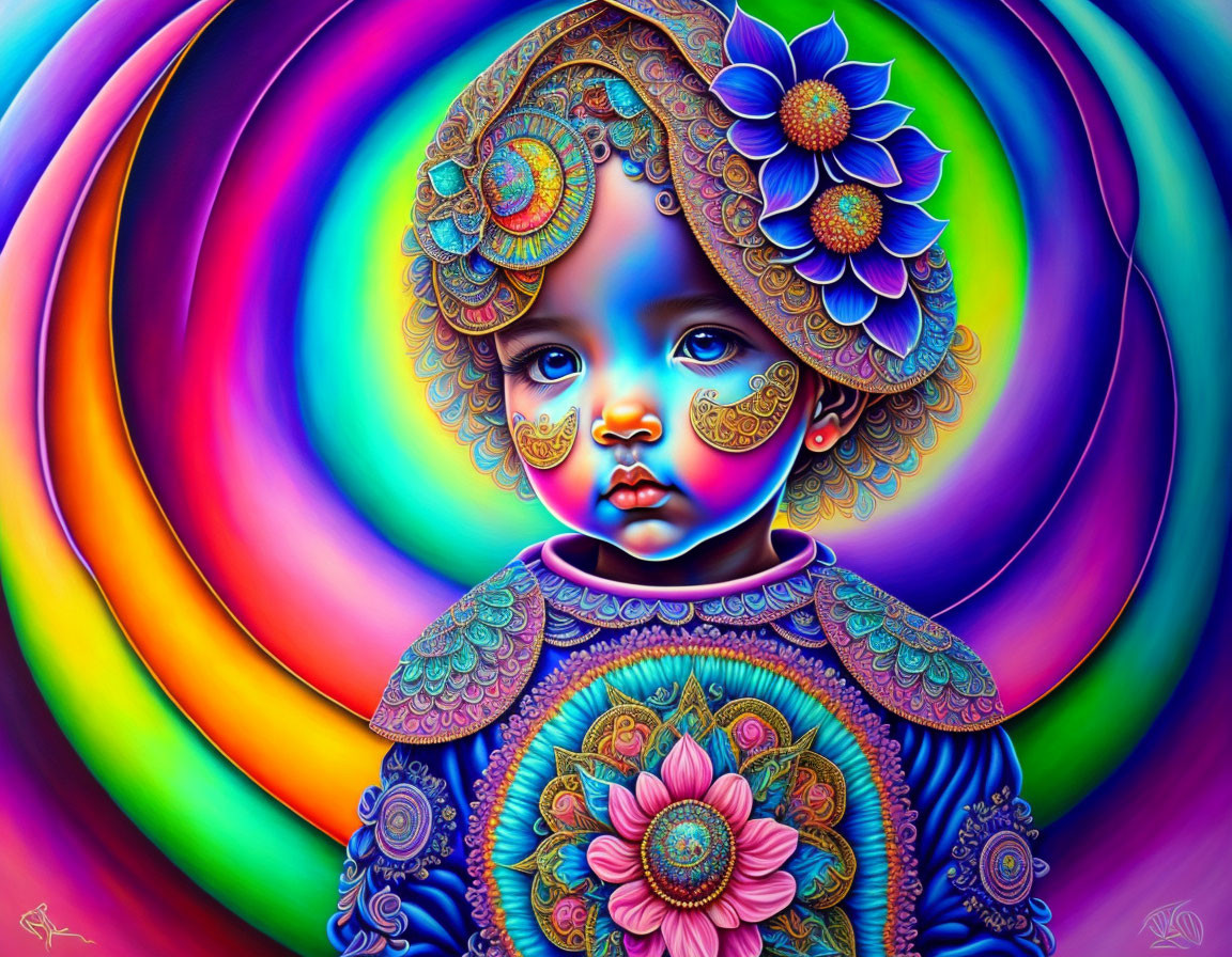 Vibrant psychedelic artwork of child in ornate costume with swirling rainbow background