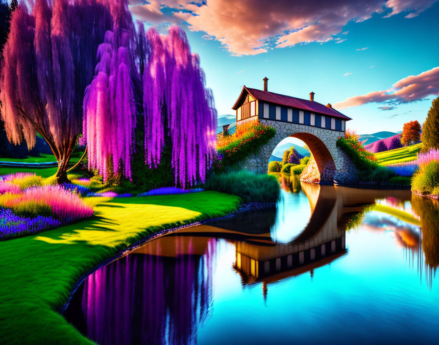 Colorful Landscape with Stone Bridge over Reflective River