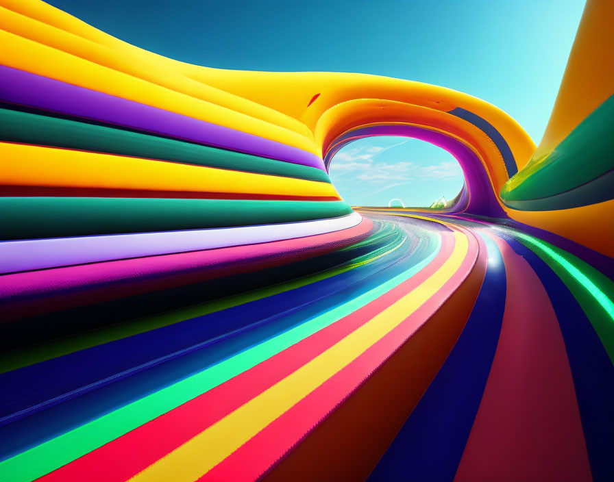 Colorful Swirling Structure with Glossy Finish under Blue Sky