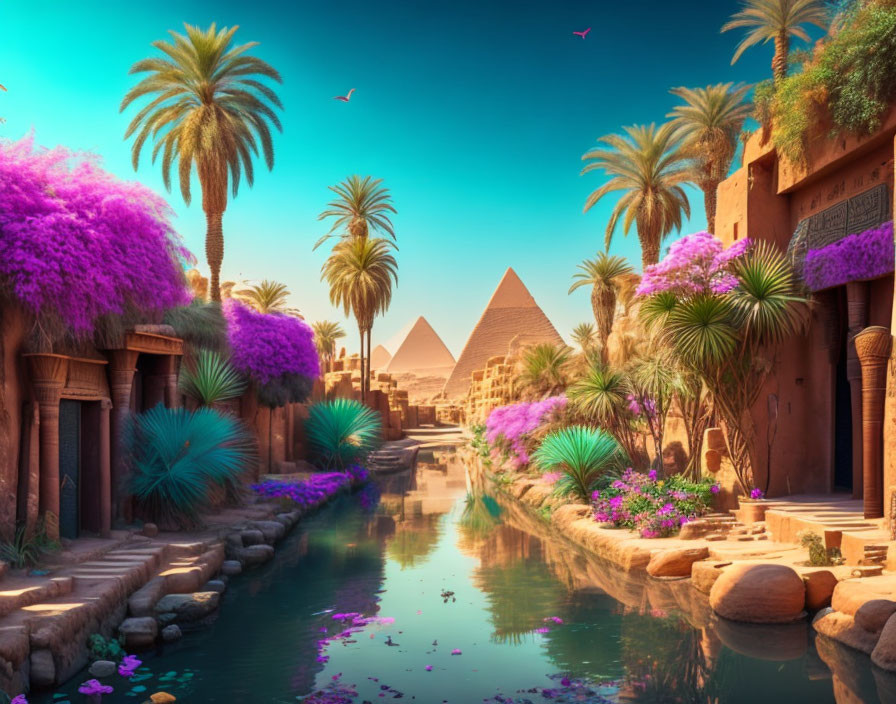 Scenic canal with purple trees, palms, and Egyptian pyramids under a blue sky