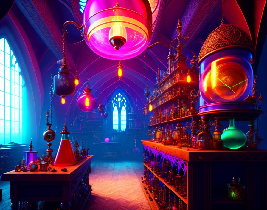 Vibrant, Colorful Alchemy Lab with Glowing Potions and Ornate Windows