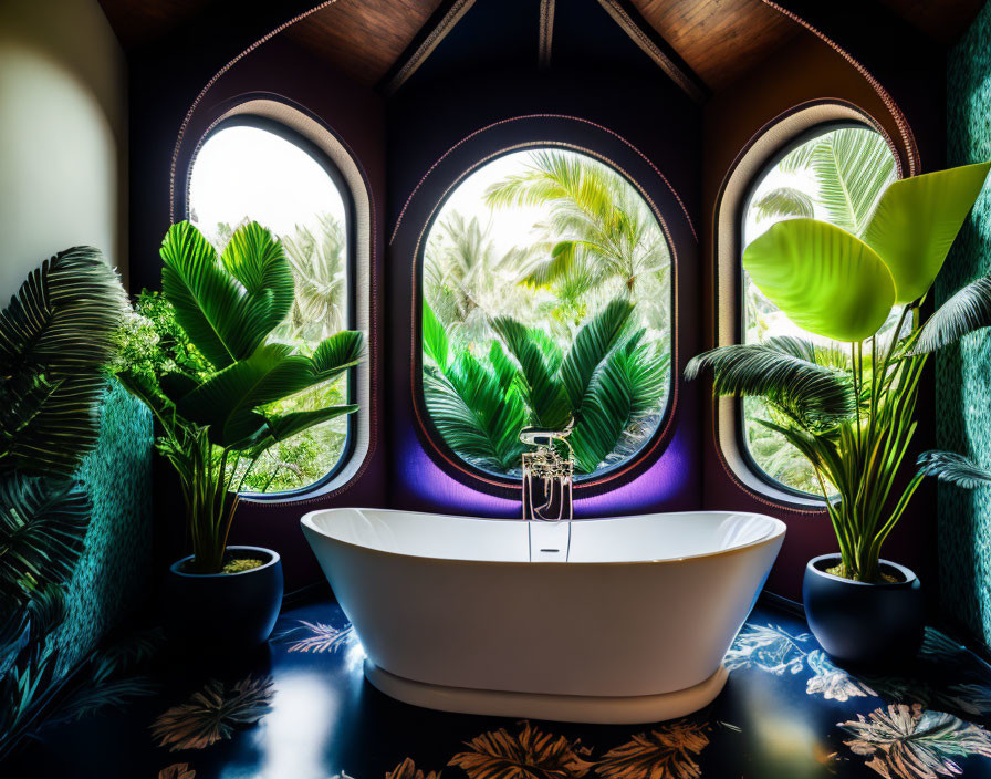 Freestanding Bathtub in Luxurious Bathroom with Tropical Plants and Oval Windows