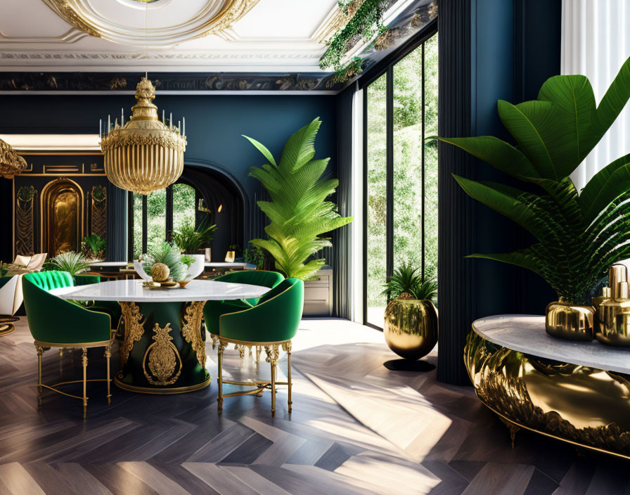 Elegant Dining Room with Golden Accents, Green Uphholstery, Marble Table