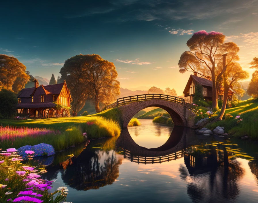 Tranquil sunset river scene with stone bridge, blooming flowers, and cozy cottage