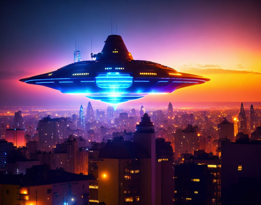 Futuristic UFO over city skyline at sunset