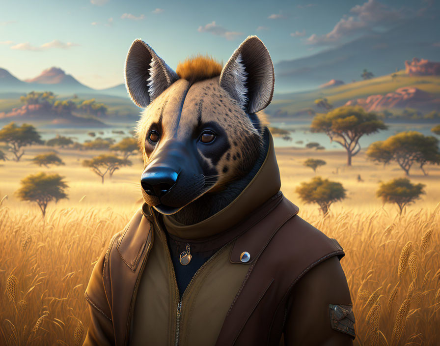 Anthropomorphic hyena in savannah landscape at sunset wearing brown leather jacket