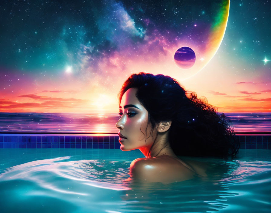 Woman in pool at sunset under cosmic sky with celestial bodies creating dreamlike scene