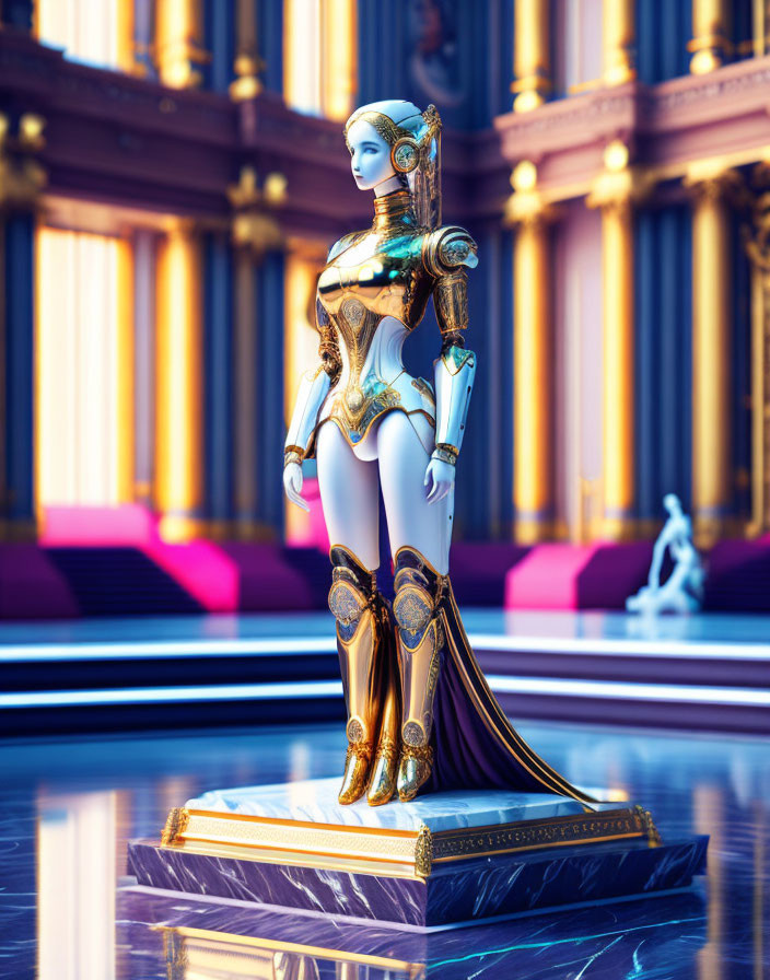 Elegant Female Android in Futuristic Hall with Golden Accents