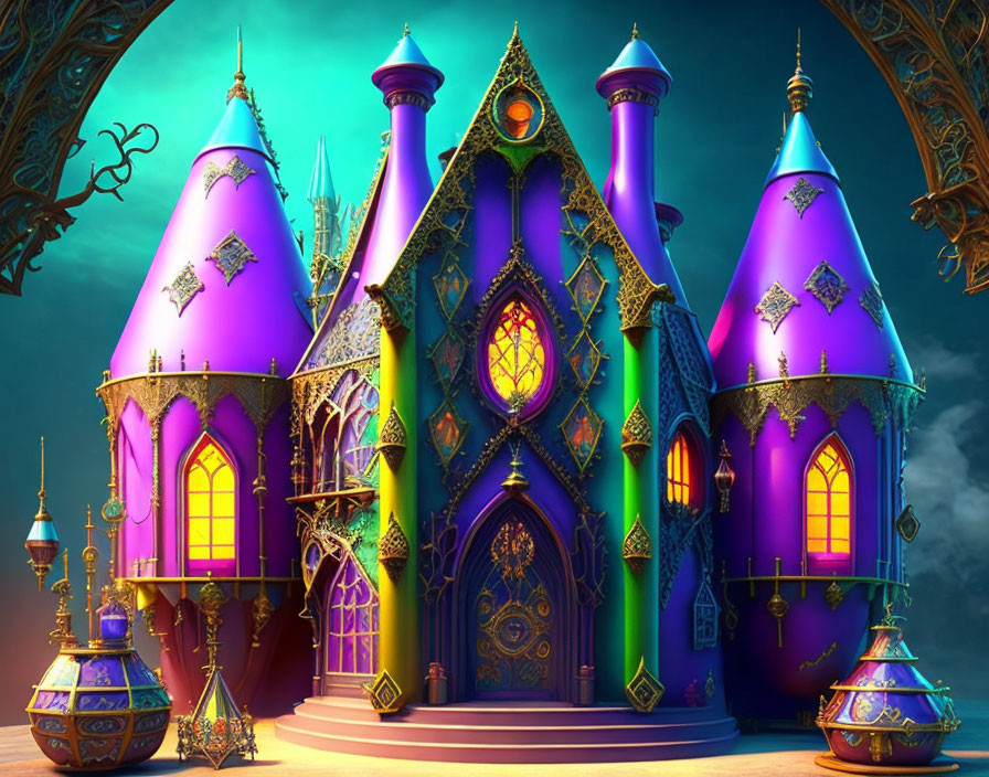 Colorful fantasy castle with purple spires and golden accents