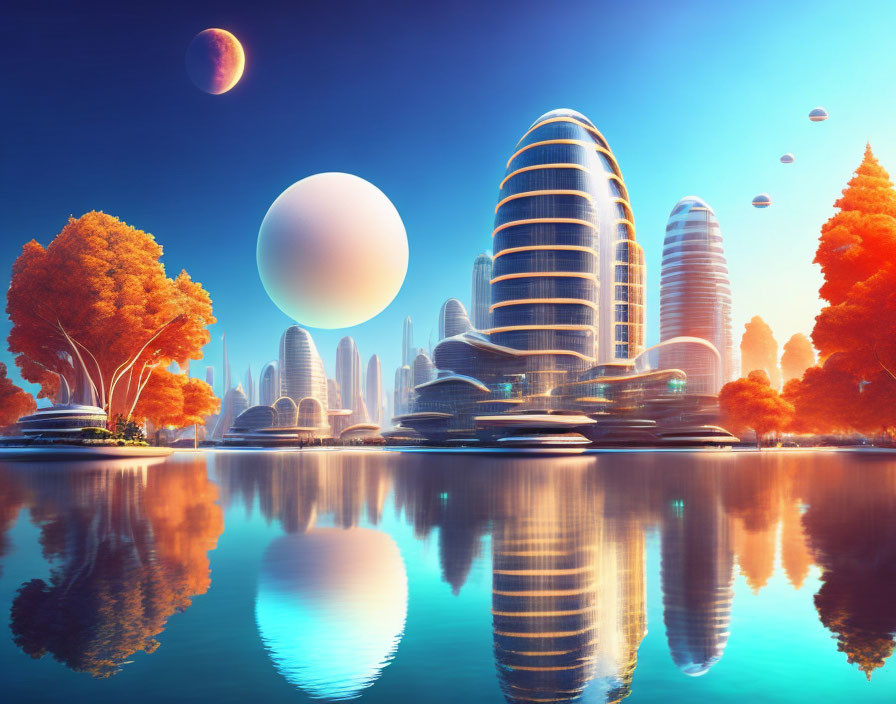 Futuristic cityscape with reflective buildings, autumn trees, serene lake, floating orbs, and distant