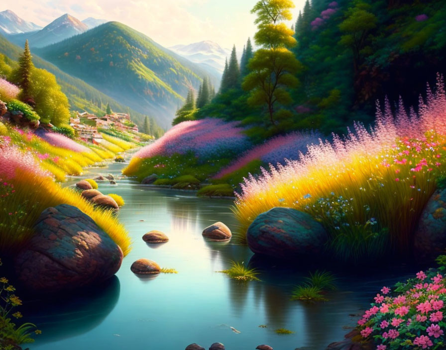 Scenic river in vibrant landscape with flowers and mountains