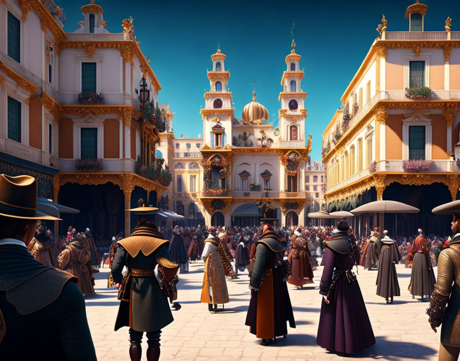 Historical Square with People in Period Costumes and Colorful Buildings