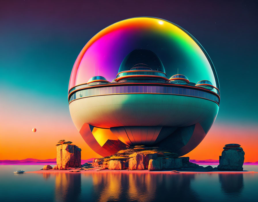 Colorful Spherical Building on Rocks at Sunset with Moon