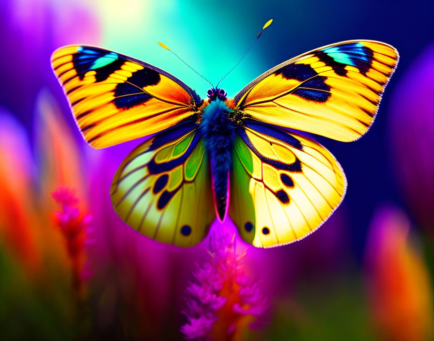 Colorful Butterfly on Flower with Yellow and Black Wings