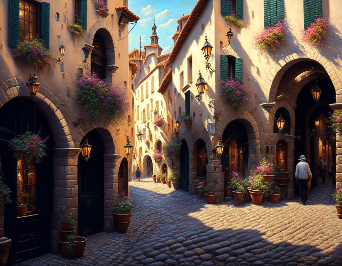 Charming cobblestone street with old-world buildings and flowers