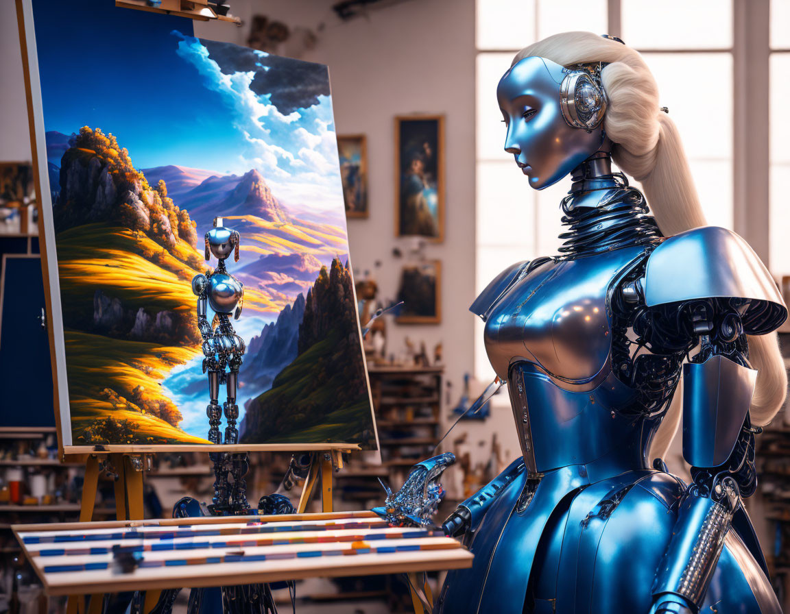 Sleek humanoid robot painting vivid landscape in cluttered room