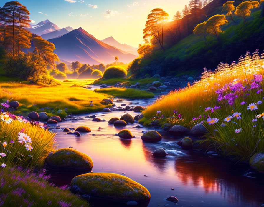 Tranquil sunset scene: river, mossy stones, wildflowers, greenery, mountains