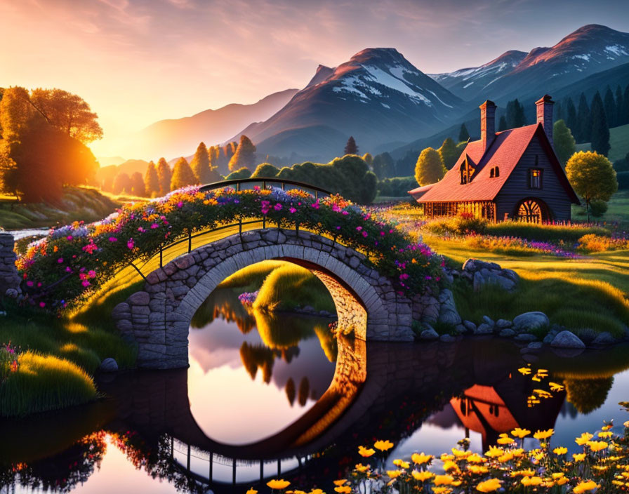 Scenic landscape: stone bridge, river, cottage, flowers, mountains at sunset