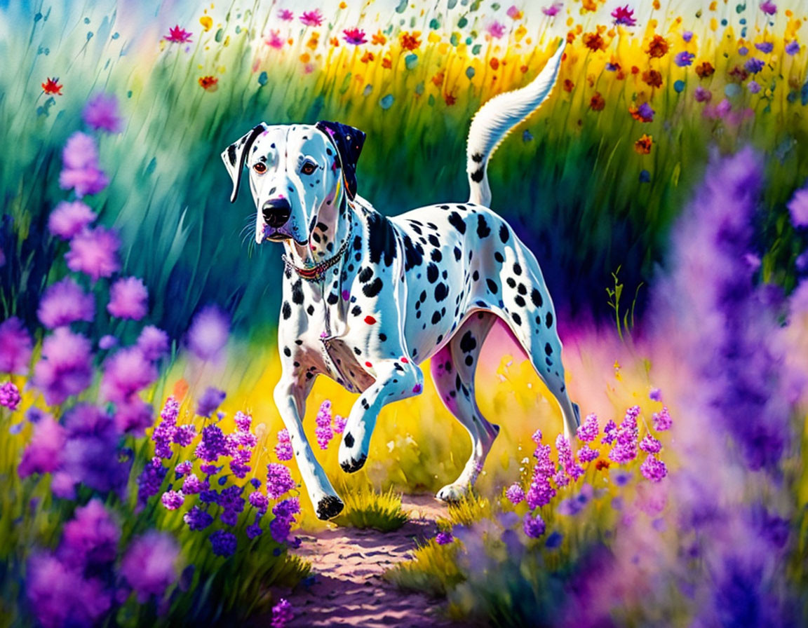 Dalmatian on vibrant flowery path with lush greenery