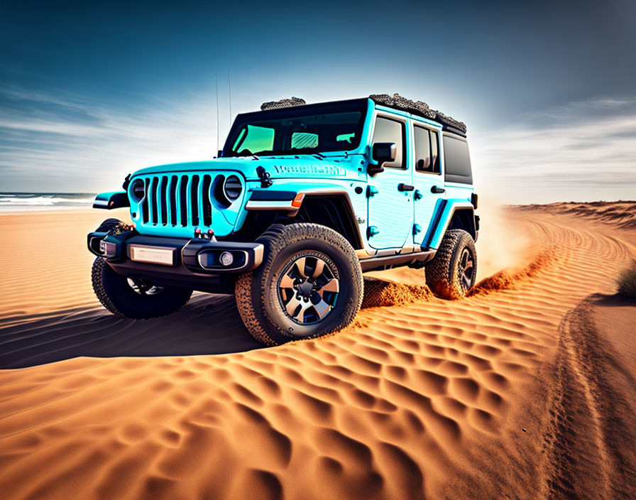 Blue off-road vehicle driving through sandy desert dune under clear sky