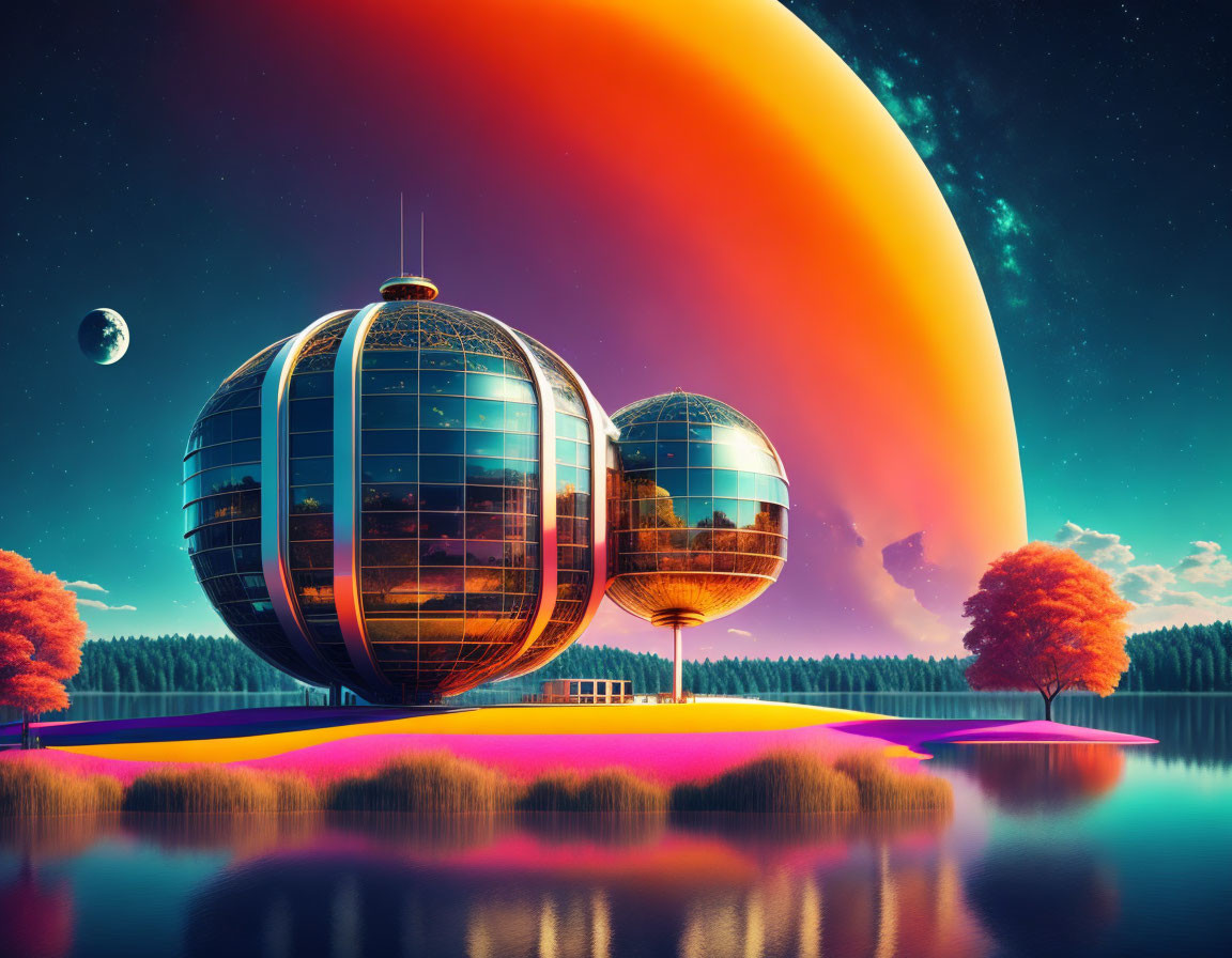 Spherical futuristic buildings on serene lake with orange planet and starry sky