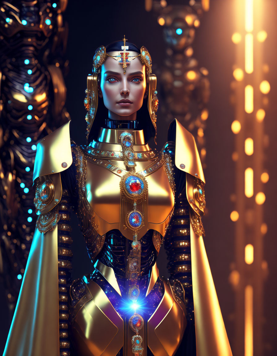 Regal humanoid robot in gold and silver armor with glowing blue gemstones