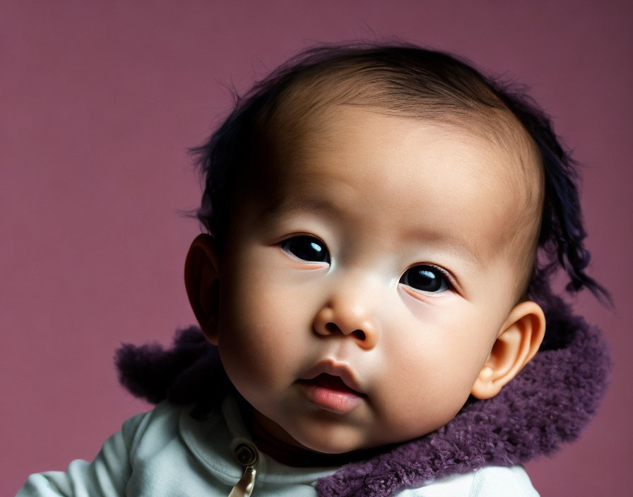 Baby with thoughtful expression, big eyes, light outfit, fluffy purple collar on pink background