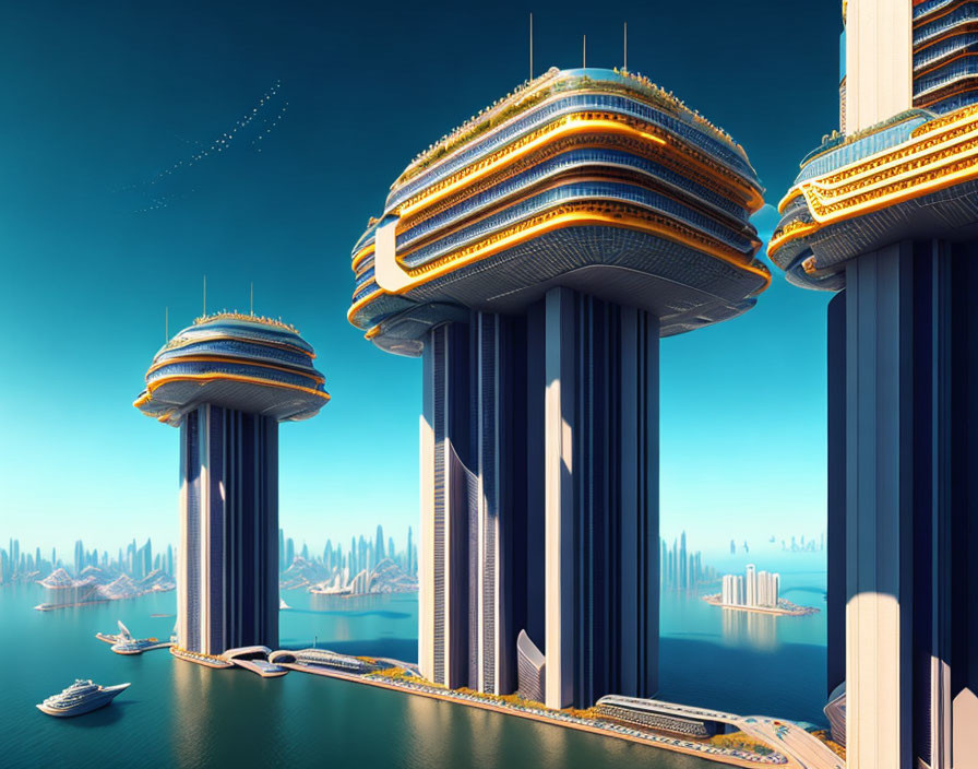 Futuristic cityscape featuring towering skyscrapers, saucer-shaped buildings, bridges, and water