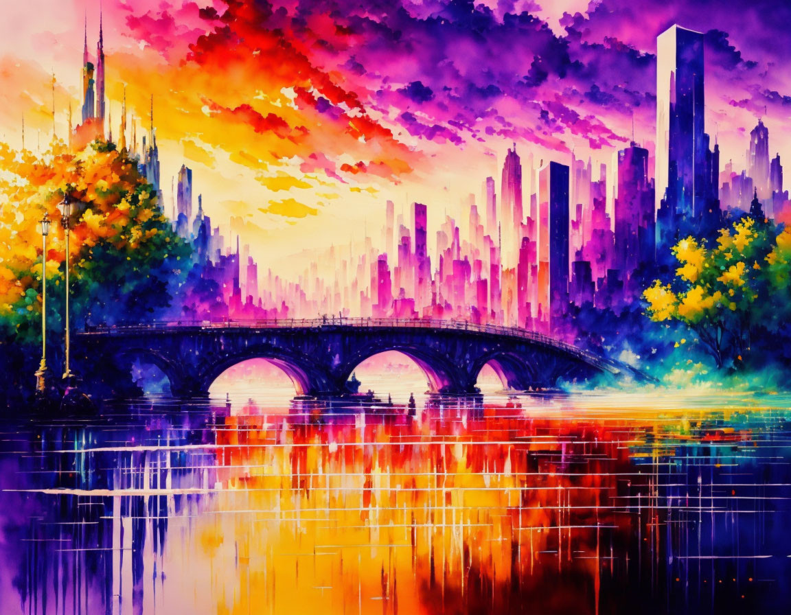 Abstract cityscape painting with bridge over reflective waters under purple and orange sky