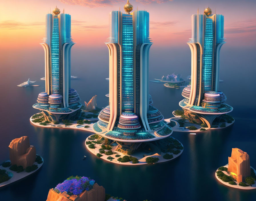 Futuristic cityscape: towering skyscrapers on lush islands, bridges, boats at sunset