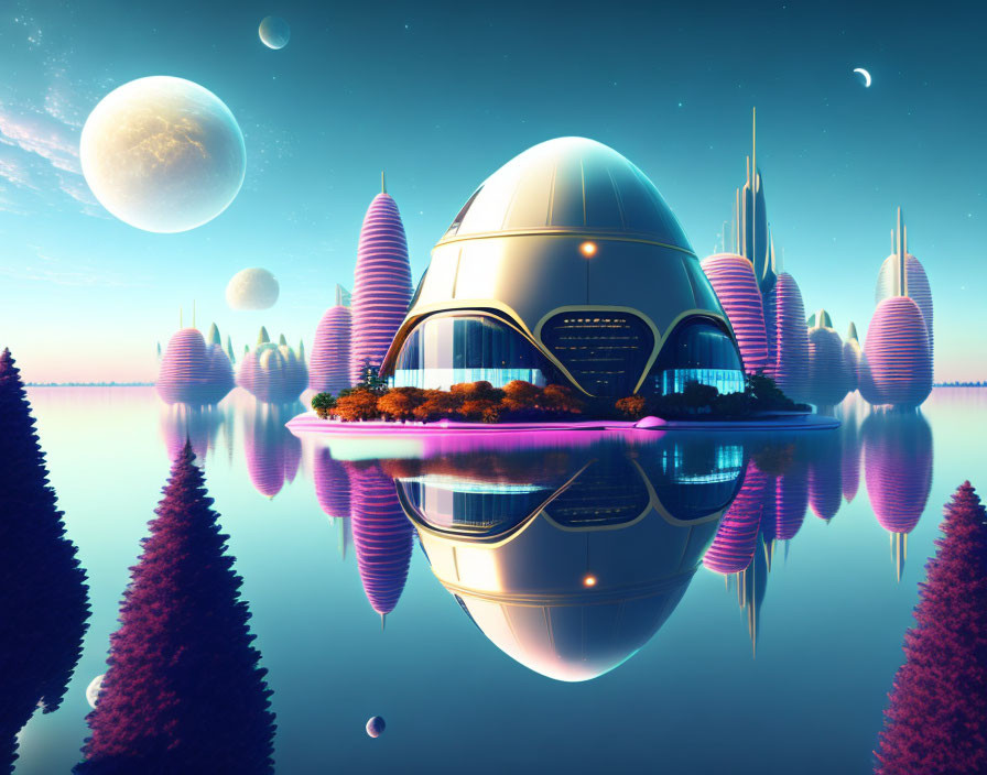 Futuristic cityscape with dome structure and spire-shaped trees under twilight sky.