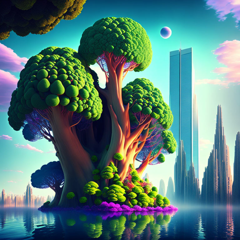 Surreal landscape with oversized trees, skyscrapers, and two moons