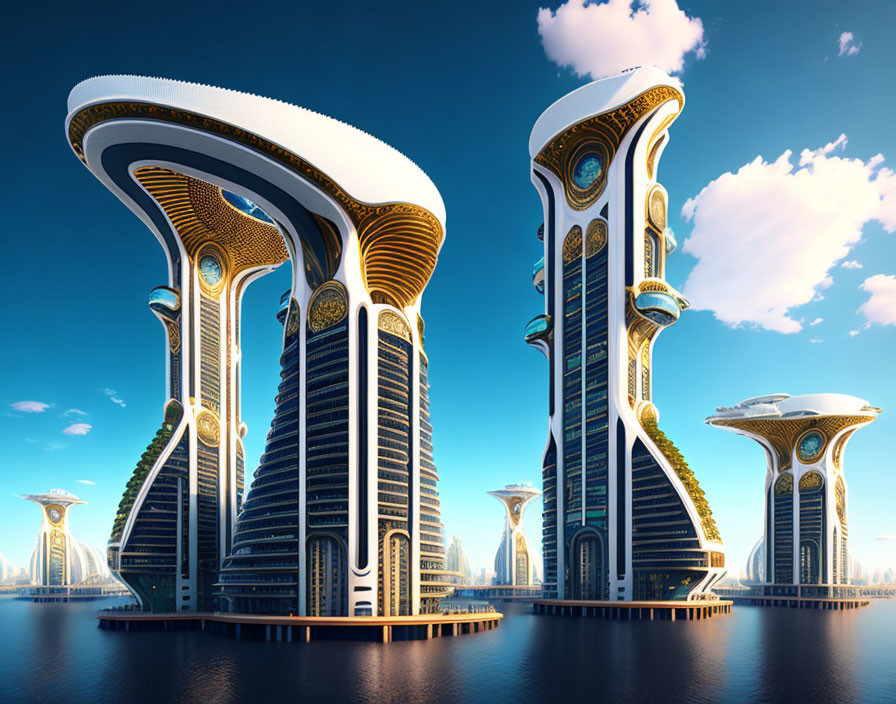 Modern skyscrapers with curvilinear designs and terraced gardens under blue sky