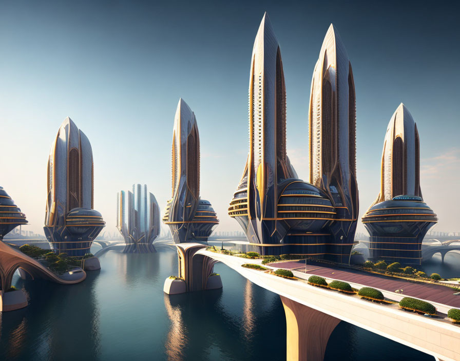 Futuristic cityscape with towering skyscrapers and bridges over water