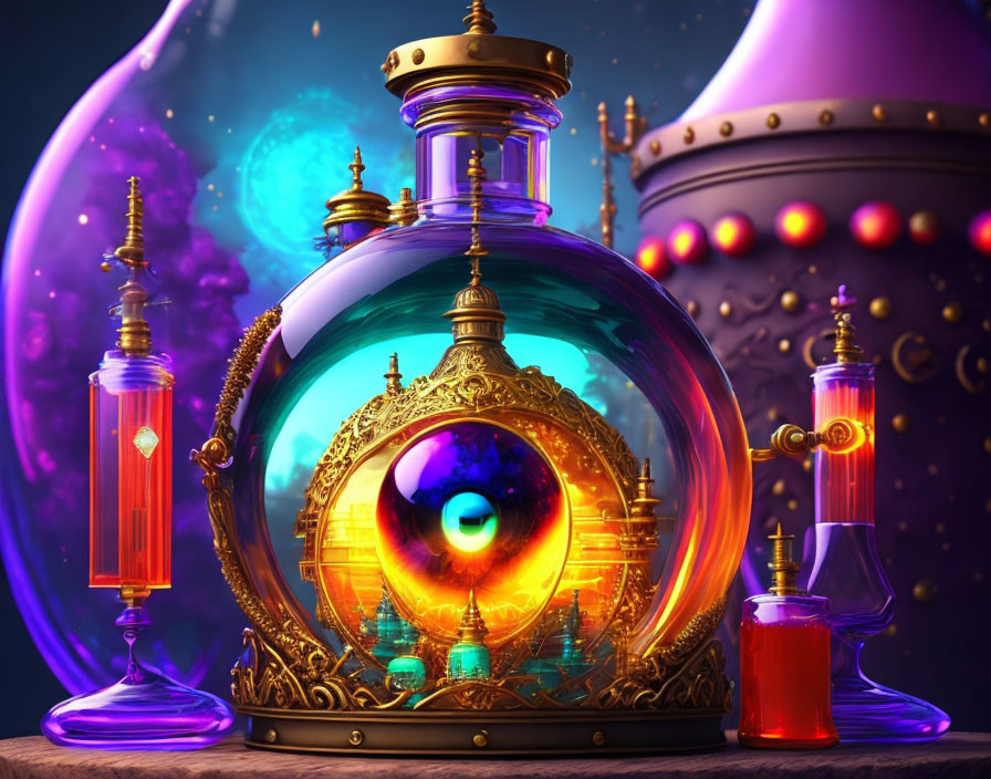 Intricate mystical potion setup with vibrant colors and magical eye.