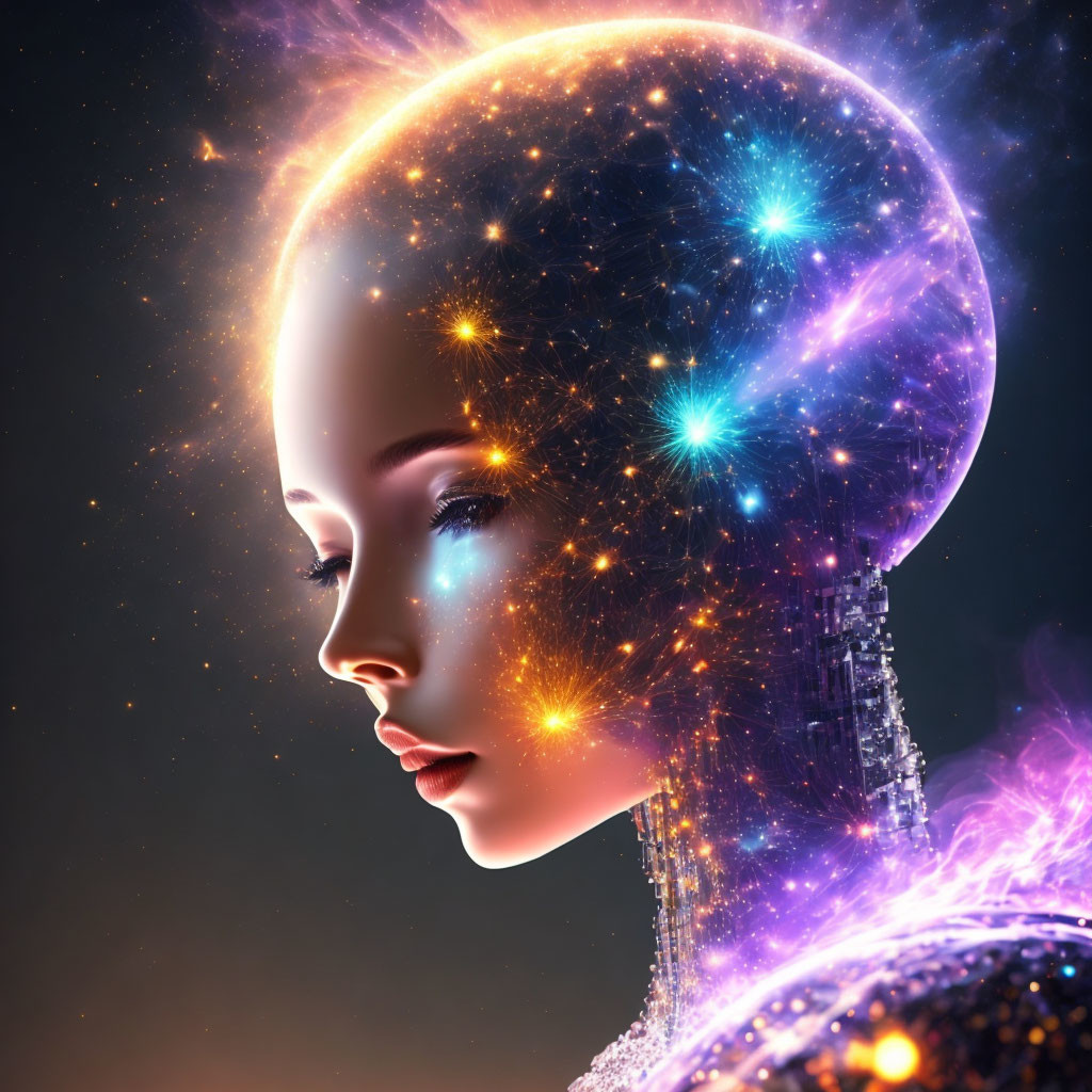 Digital artwork of woman with cosmos-filled head: stars, galaxies, and nebulae glistening