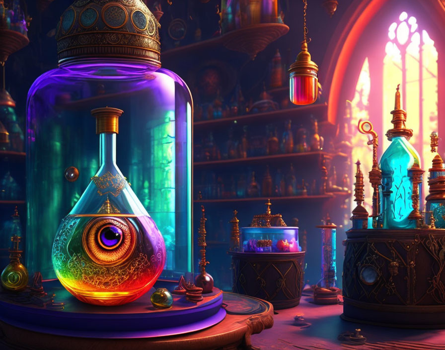 Mystical Alchemy Workshop with Glowing Eye and Colorful Potions