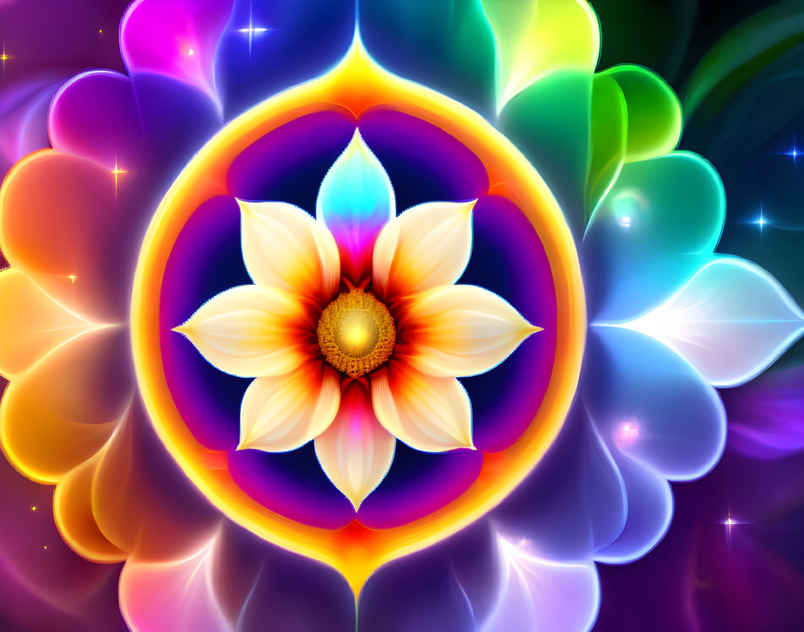 Colorful Digital Artwork: Luminous Multicolored Lotus with Glowing Core