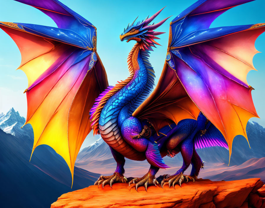 Majestic blue and purple dragon on rocky cliff with mountain backdrop